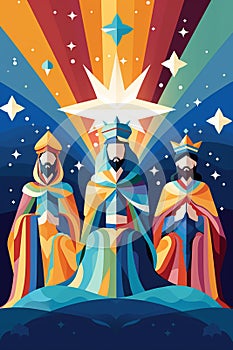 Colorful Epiphany Three Wise Men Christmas Biblical Three Kings Flat Style Illustration