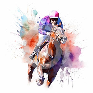 Colorful equestrian art with watercolor racing horse and jockey, generative Ai