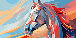 Colorful Equine Beauty: A Retro-Style Illustrated Portrait of a Majestic Brown Horse with a Wild Mane and Gentle Eyes