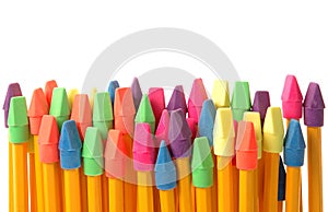 Colorful erasers on pencils