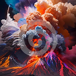 Colorful Erupting Volcano. Volcano in Colorful Outburst. photo