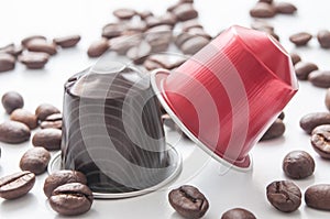Colorful espresso coffee doses with coffee beans on