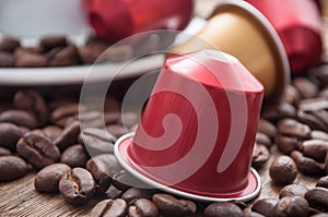 colorful espresso coffee doses with coffee beans on photo