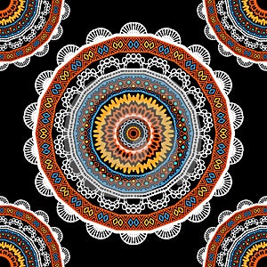 Colorful ethnic floral lacy mandalas seamless pattern. Vector ornamental background. Tribal repeat backdrop. Geometric