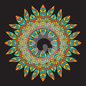 Colorful ethnicity round ornament on the black background . Circ