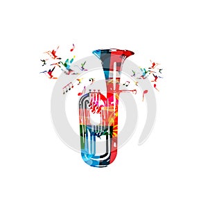 Colorful euphonium with music notes and hummingbirds isolated vector illustration. Music instrument background for poster, brochur