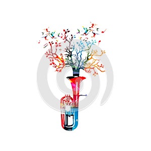 Colorful euphonium with treetop and music notes isolated vector illustration. Music instrument background for poster, brochure, ba