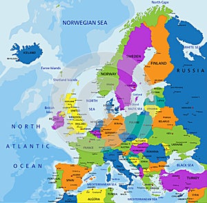 Colorful Europe political map with clearly labeled, separated layers.