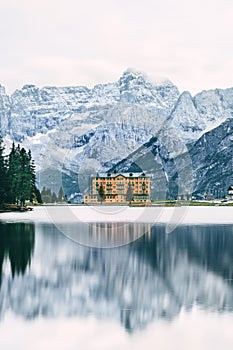 Colorful evening scene of the Lake Misurina