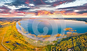 Colorful evening scene of Svityaz lake. Splendid summer view from flying drone of Shatsky National Park