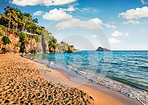 Colorful evening view of Platis Gialos Beach. Amazing spring seascape of Ionian Sea. Exciting outdoor scene of Kefalonia island,