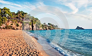 Colorful evening view of Platis Gialos Beach. Attractive spring seascape of Ionian Sea. Exciting outdoor scene of Kefalonia island