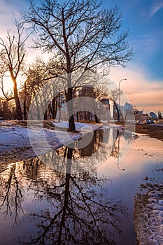 Colorful Sunset Sky City Reflections In A Puddle