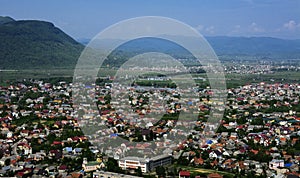 Colorful exalted view from a bird& x27;s eye view to houses in reside photo