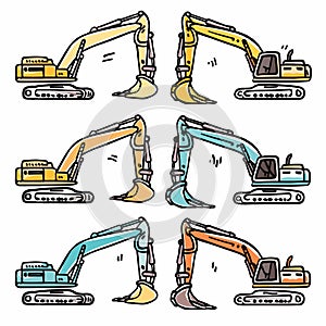 Colorful excavators cartoon set, construction heavy machinery. Six different styles crawler photo