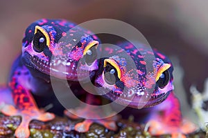 Colorful Exotic Frog Duo Close up Vibrant Amphibians on Natural Background, Twin Frogs in Vivid Hues, Wildlife Photography