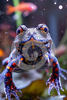 Colorful Exotic Frog with Striking Blue and Red Patterns Against a Vivid Aquarium Background