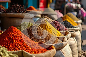 Colorful and exotic spice market in Marrakech in Morocco, a vibrant and unique summer travel background, with bright