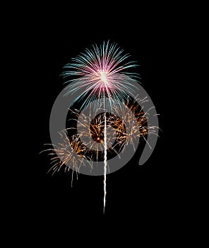 Colorful exploded fireworks isolated on black background