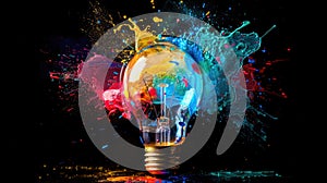 Colorful Explosion of Creativity: A Light Bulb Idea on Black Background for Thinking Differently