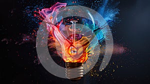 Colorful Explosion of Creativity: A Light Bulb Idea on Black Background for Thinking Differently