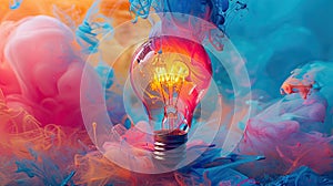 Colorful Explosion of Creativity: New Ideas and Brainstorming with Vibrant Paint and Light Bulbs