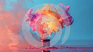 Colorful Explosion of Creativity: New Ideas and Brainstorming with Vibrant Paint and Light Bulbs