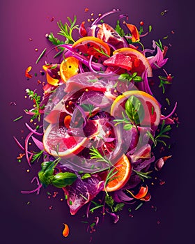 Colorful Explosion of Fresh Mixed Vegetables, Fruits, and Herbs in Dynamic Motion on Purple Background