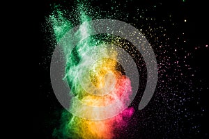 Colorful explosion for Happy Holi powder.Abstract background of color particles burst or splashing
