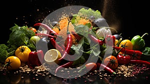 Colorful Explosion of Ingredients and Spices Against On Blurry Black Background