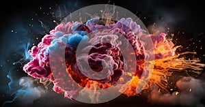 A colorful explosion of smoke and fire on a black background. Generative AI image.