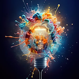 Colorful explosion vibrant lit bulb on dark background