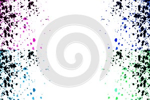 Colorful explosion watercolor paint splatter isolated on white. Black, pink, blue, green neon colors spray stains border frame