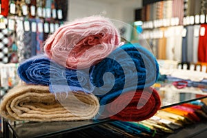 Colorful fabric closeup, textile store, nobody