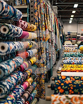 Colorful fabric rolls in textile warehouse.