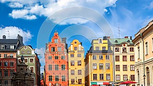 Colorful facade of the houses in Stortorget Square Gamla Stan. Stockholm, Sweden at summer sunny day