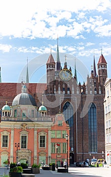 Colorful facades and buildings in old central part of Gdansk city, Poland