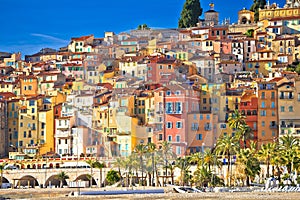 Colorful facades of Cote d Azur town of Menton beach and architecture view