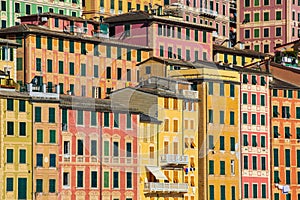 Colorful facades of historic buildings in the city of Camogli in Italy. Sea front houses with windows and balconies