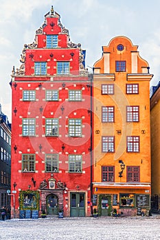 Colorful facades of houses in the old town of Stockholm, Sweden