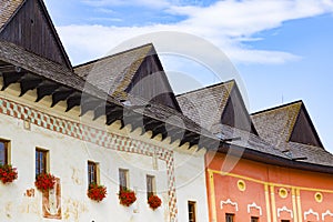 Colorful facades of a medieval houses. Town Spisska Sobota . Poprad , Slovakia