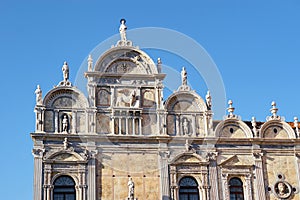 Colorful facades of old medieval church in Venice