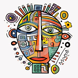 Colorful Face With Circles And Cities Vector - Meticulous Lines And Primitive Abstraction
