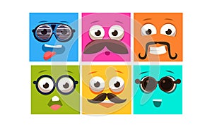 Colorful faces with different emotions set, square emoticons, emoji vector Illustration