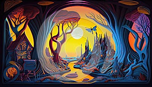 a colorful fairy landscape painted with neon paint on paper, featuring trees, house and water