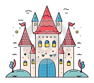 Colorful fairy tale castle with red roofs and blue doors. Cartoon medieval fortress with flags and trees. Fantasy