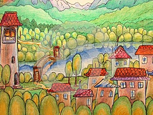 A colorful fairy-tale landscape with a small town with houses and a tower, a river, mountains and a forest