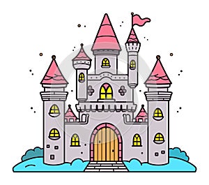 Colorful fairytale castle with pink turrets on a white background. Fantasy kingdom architecture for children's tales