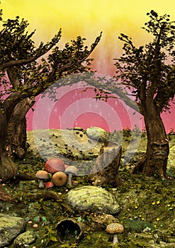 A colorful fairytale scene with trees, rocks, and mushrooms.