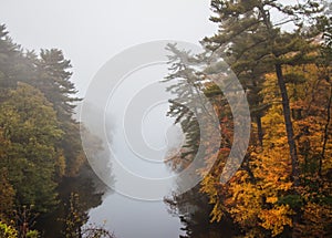 Foggy morning on lake in Autumn photo